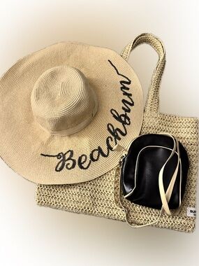 Beach bundle- Straw Sun Hat w/ 'Beachbum' Script by Charlie Paige++2 more items